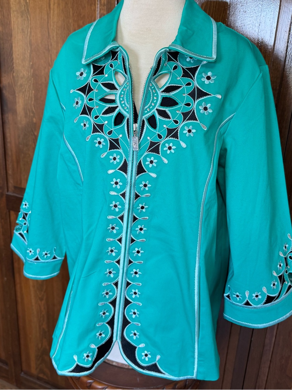 Embroidered Cutout Zip Up Jacket Turquoise M 3/4 Sleeve Boho Wearable Art NWOT